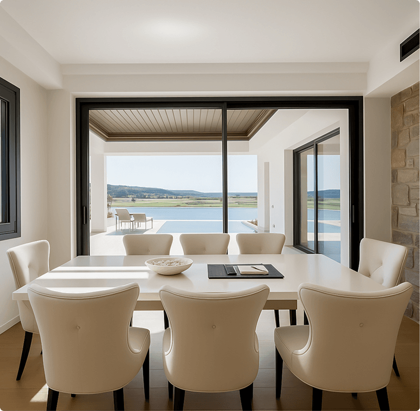 Modern Villa in Sani — dining room with sea view